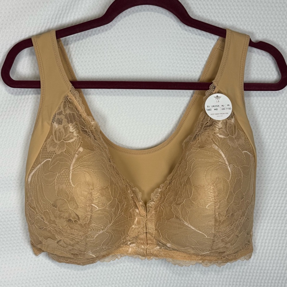 NEW LB Lace Front Closure Wireless Bra Nude Beige 44D Full Coverage Comfort